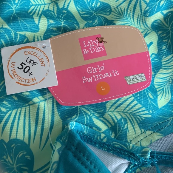 Lily & Dan Girls 2 Piece Swim Set Large Top & Bottom Turquoise Tropical NEW - Picture 6 of 7
